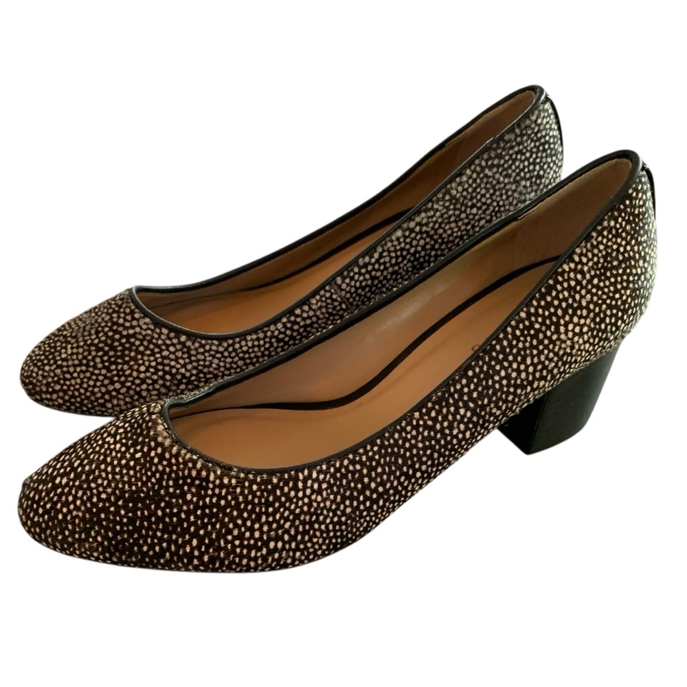 Talbots 9.5M Isa Calf Hair Pony Block Heel Pumps Brown White Preppy Classic